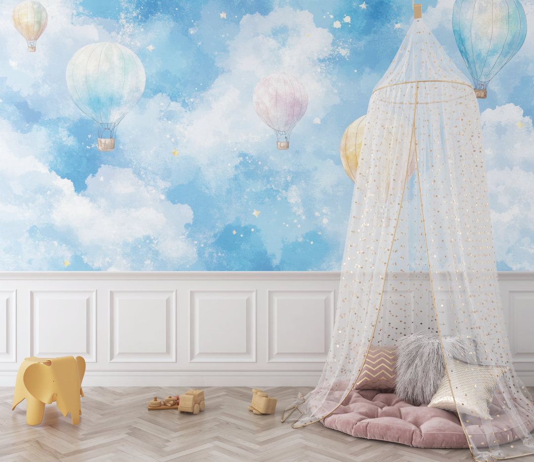 Papier peint montgolfiere et etoiles argentees bebe