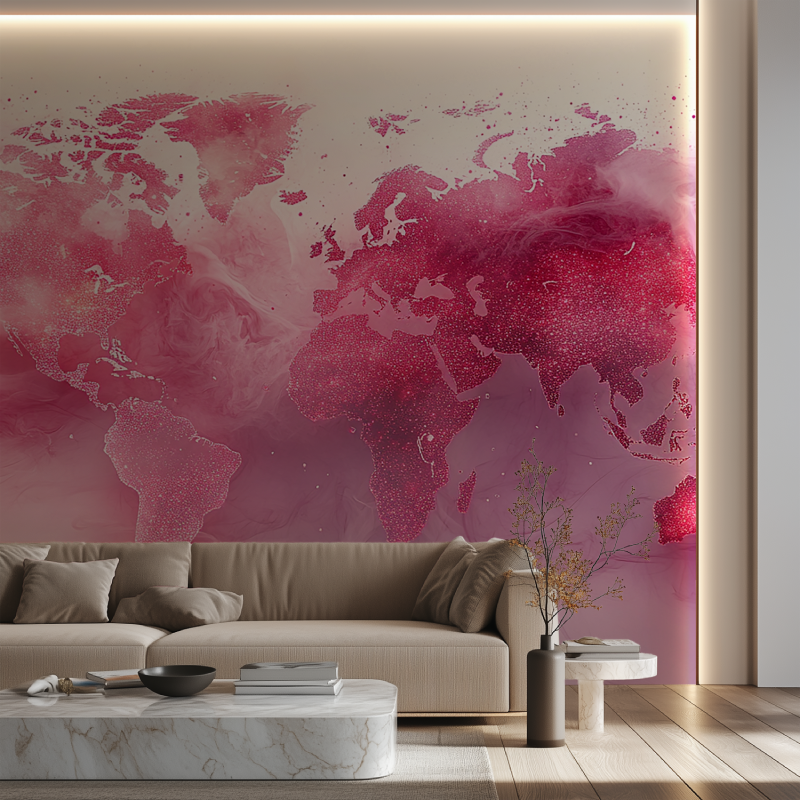 Papier peint carte du monde rose canape neon