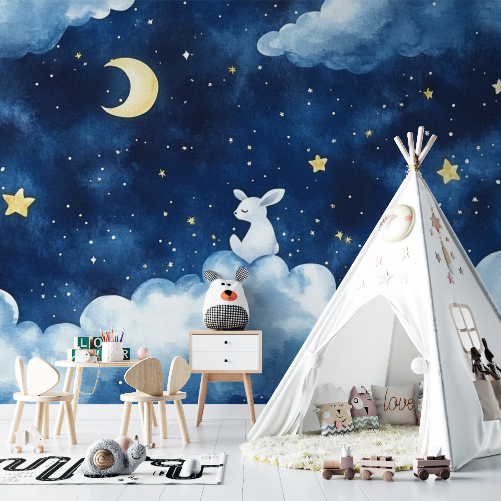 Papier peint bleu etoile bebe chambre bebe