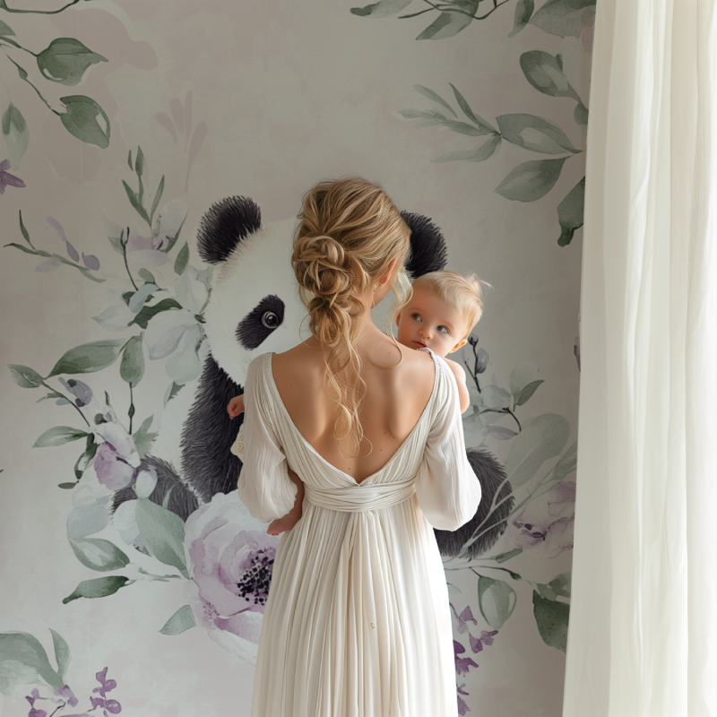 Papier peint panda et fleurs delicates bb123