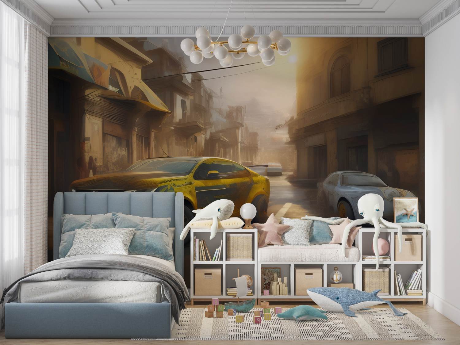 Papier peint 3d voiture jaune panoramique garcon