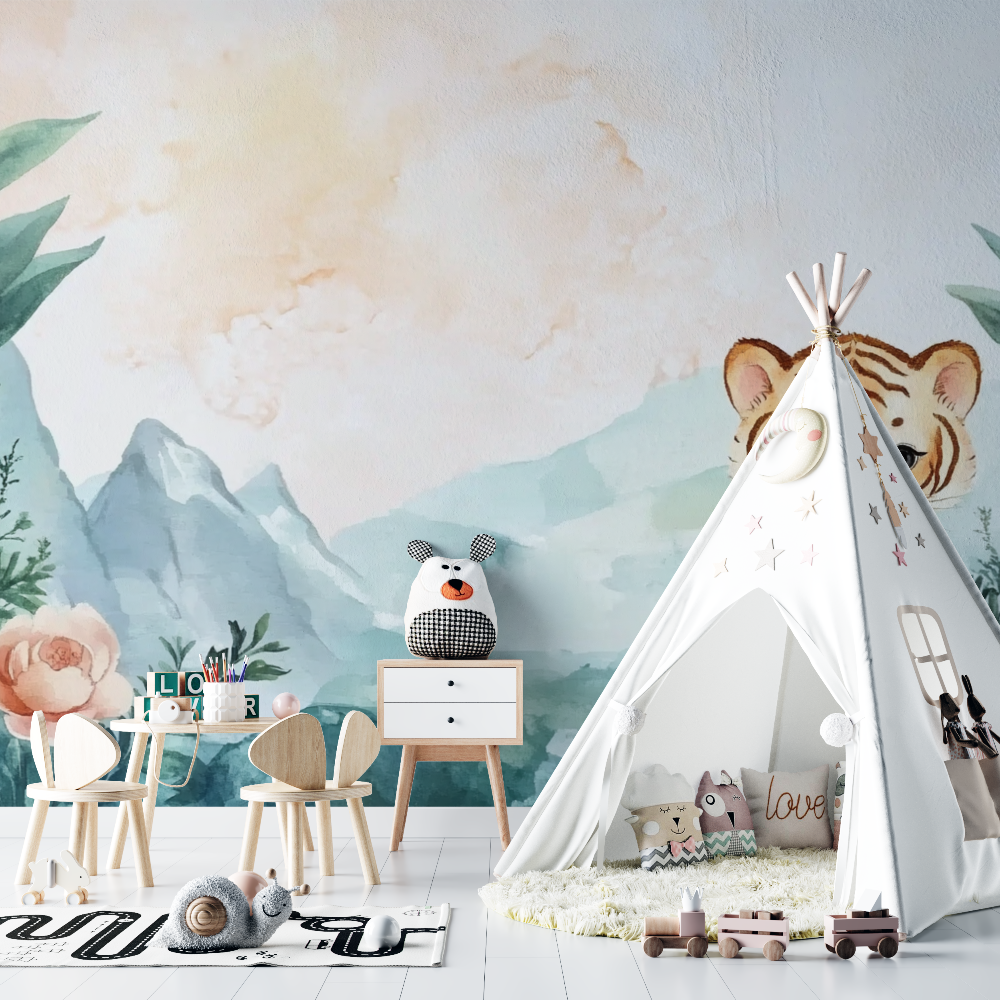 Papier peint tigre et paysages doux chambre bebe