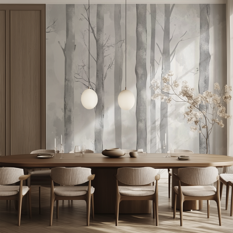 Papier peint arbre gris argente salle manger tendance