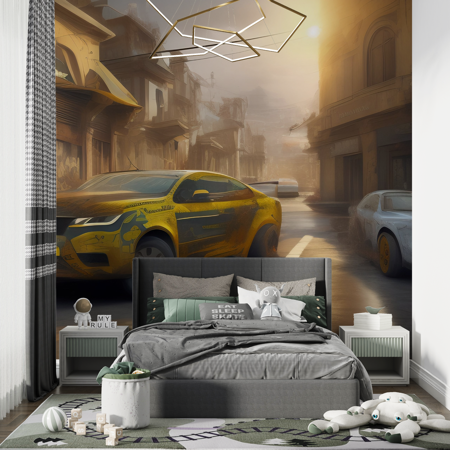 Papier peint 3d voiture jaune chambre de garcon