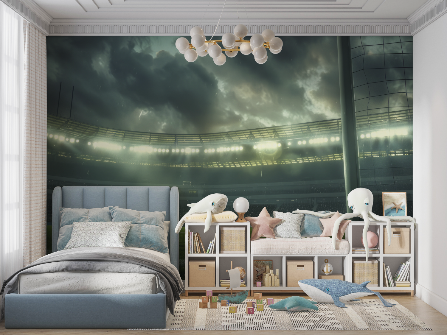 Papier peint stade de foot pluie panoramique garcon