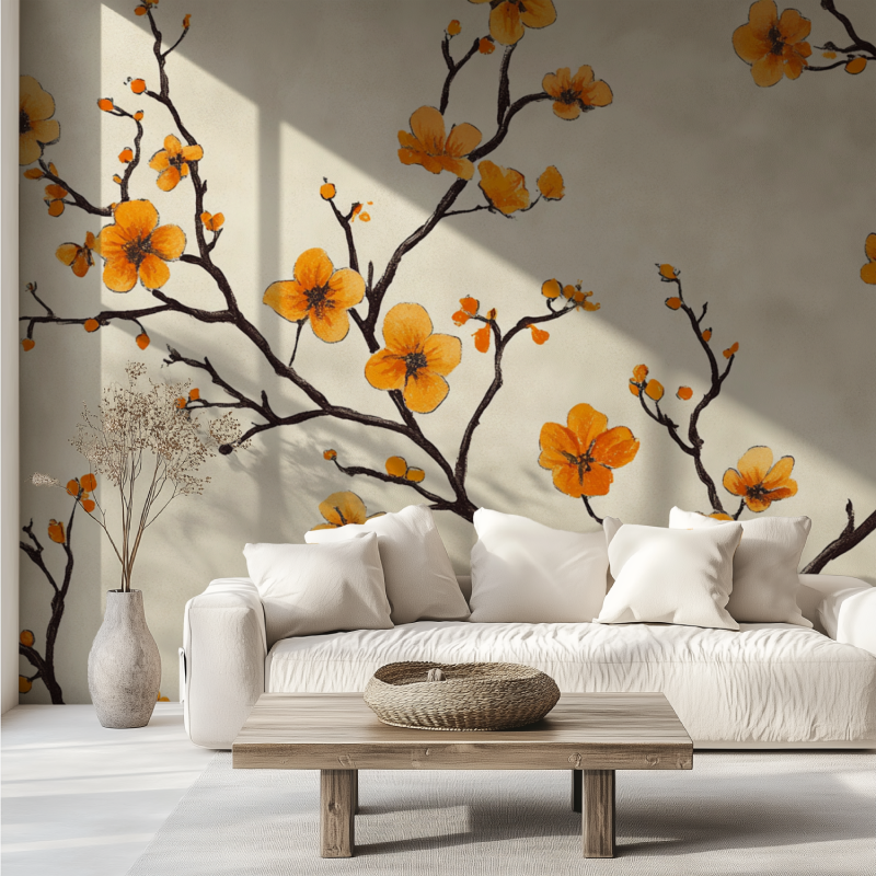 Papier peint vintage fleurs orange canape tendance