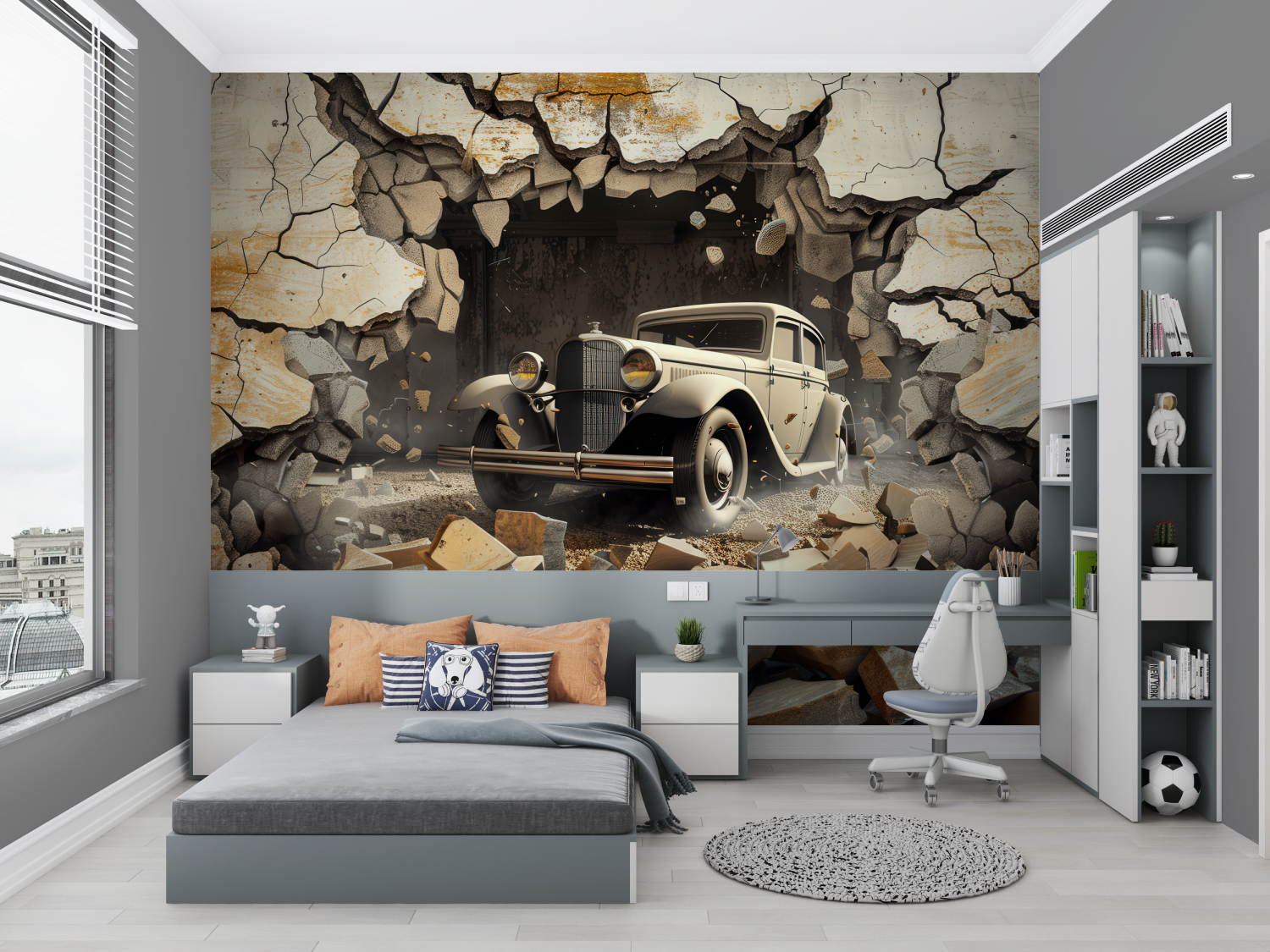 Papier peint trompe loeil voiture chambre petit