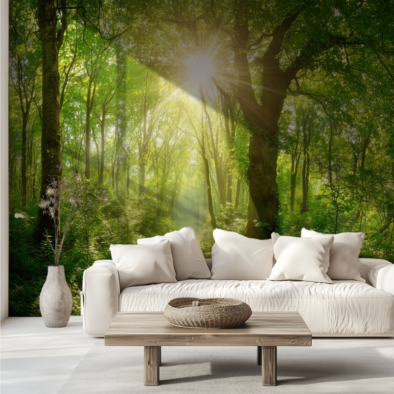 Sunny forest mural wallpaper canape tendance