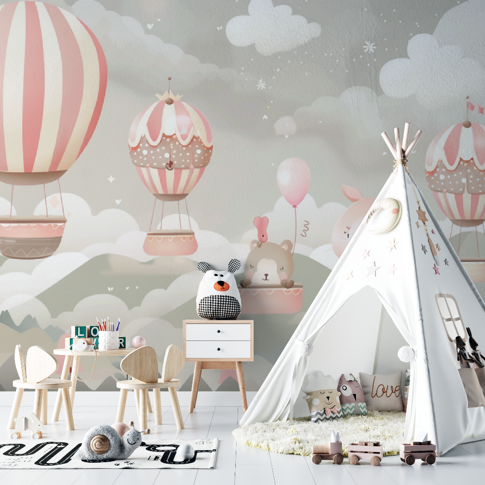 Papier peint Montgolfières et nuages rose bébé - bebe