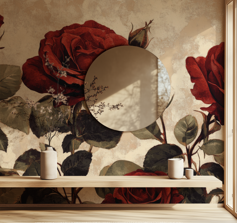 Papier peint vintage rouge et rose miroir