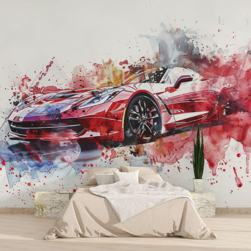Papier peint voiture sport rouge aquarelle 1815