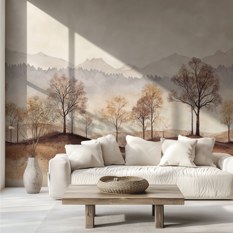 Papier peint arbre beige canape tendance