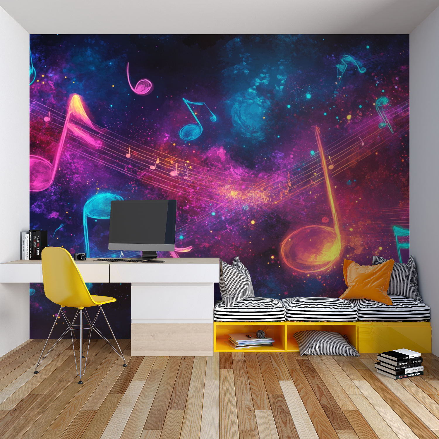 Papier peint imprime musique ado chambre garcon lit