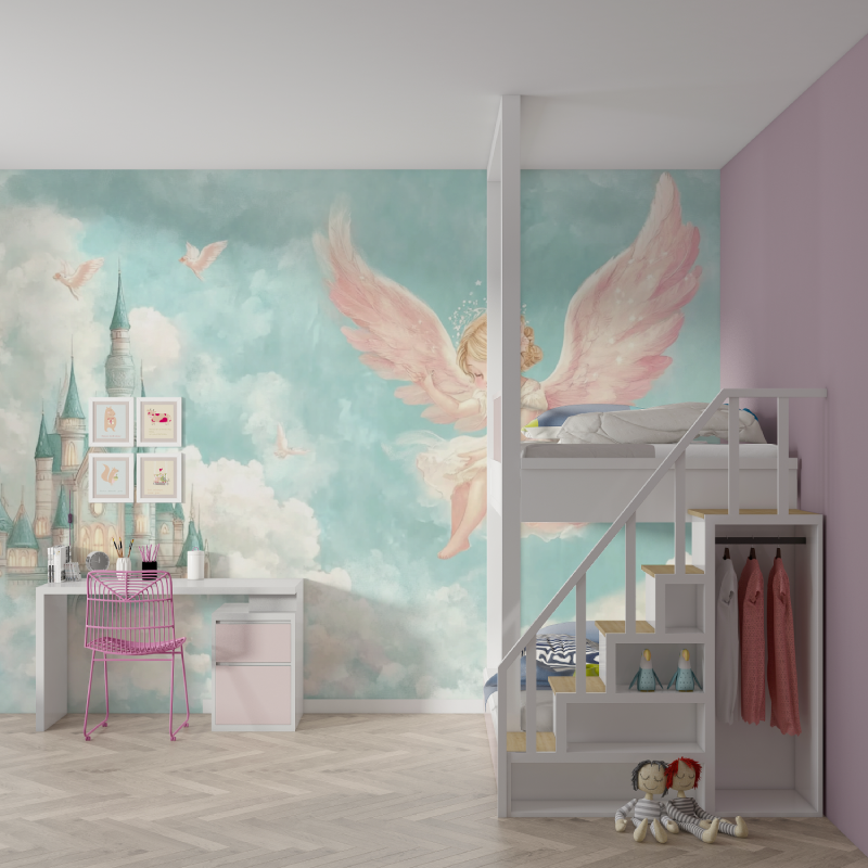 Papier peint chateau et ange mur chambre fille