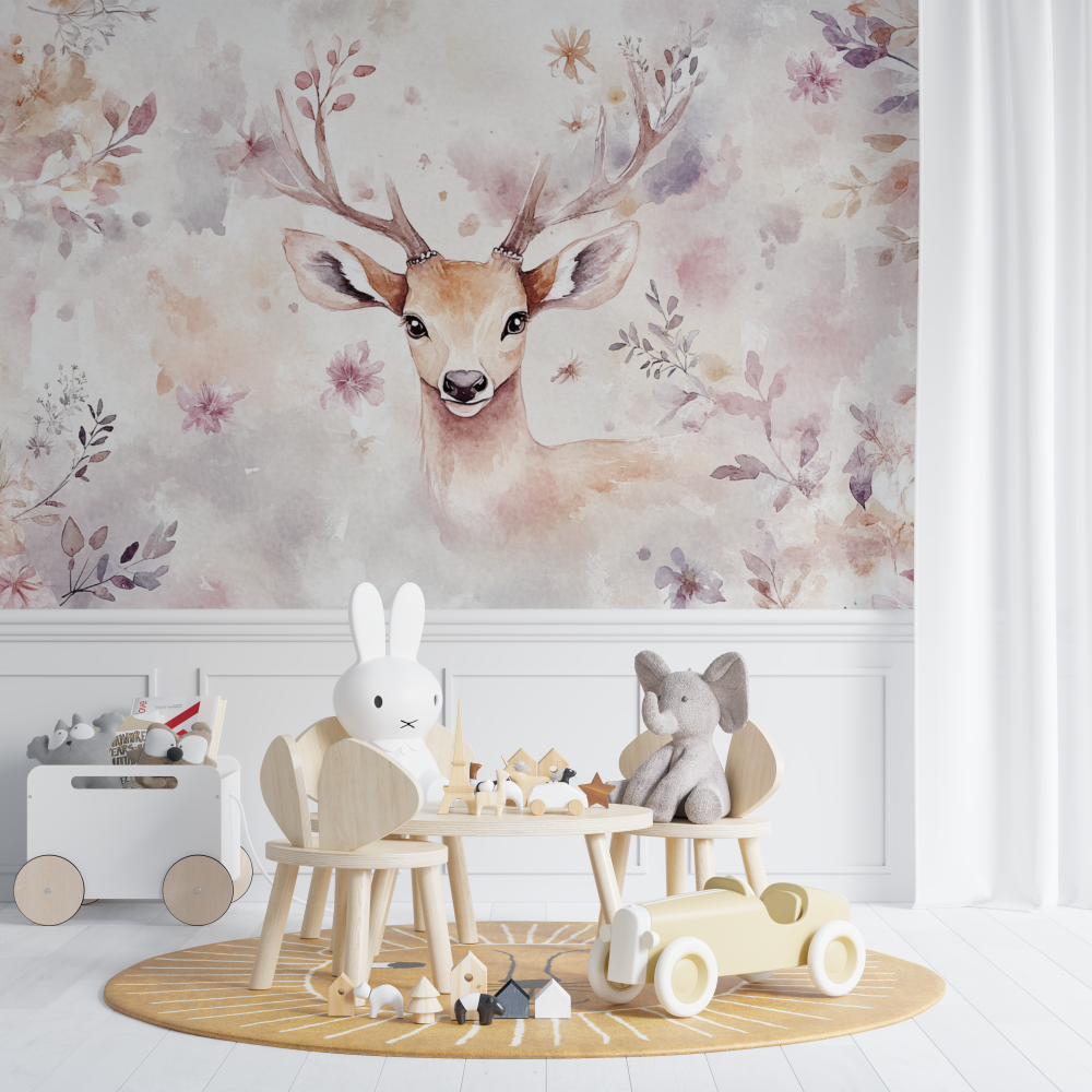 Papier peint animaux cerf couro...tes fleurs chambre de bebe