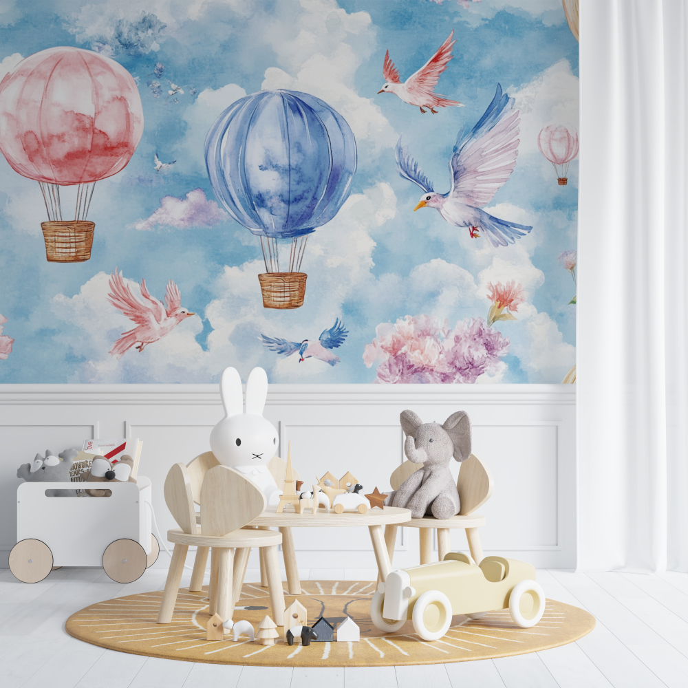 Papier peint montgolfiere et animaux volants chambre de bebe