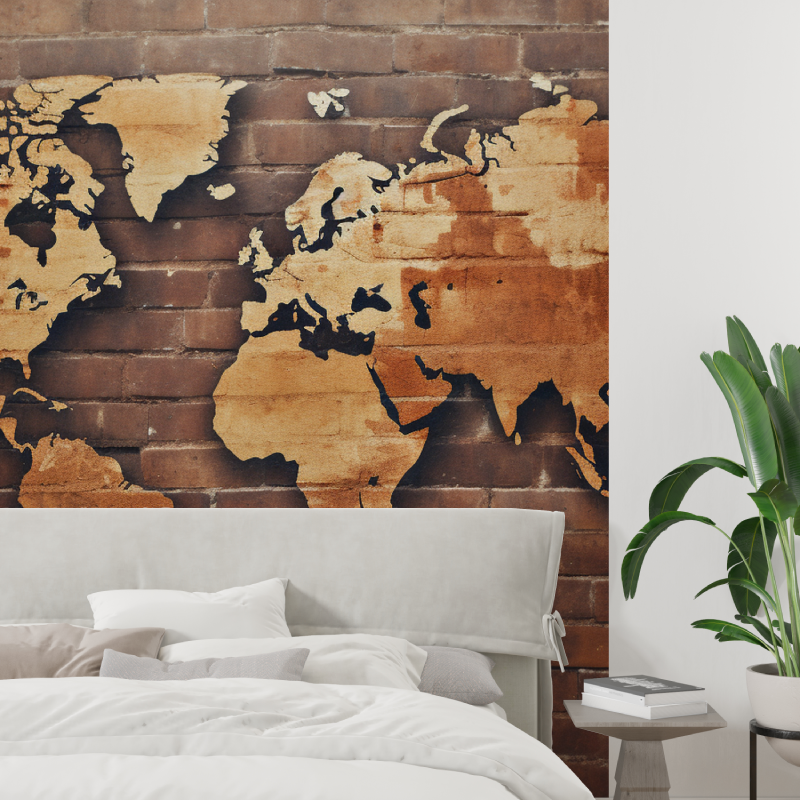 Papier peint carte du monde brique bois tapisserie tendance