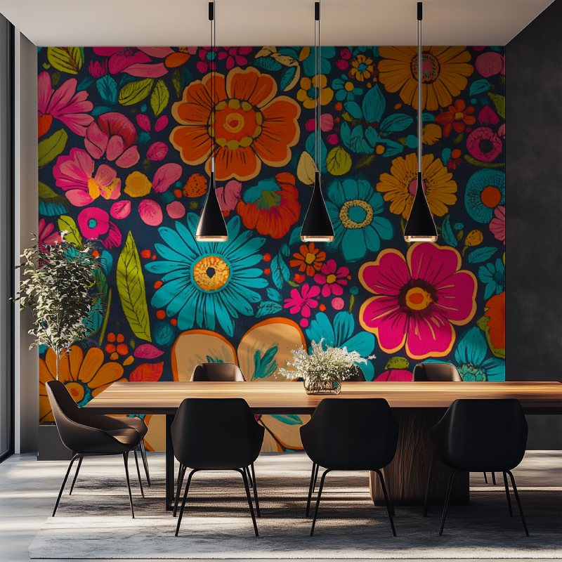 Papier peint fleur vintage hippi salle manger tapisserie