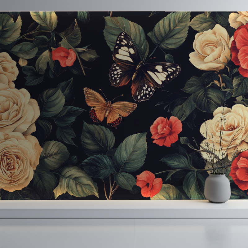 Papier peint fleur animaux mur blanc