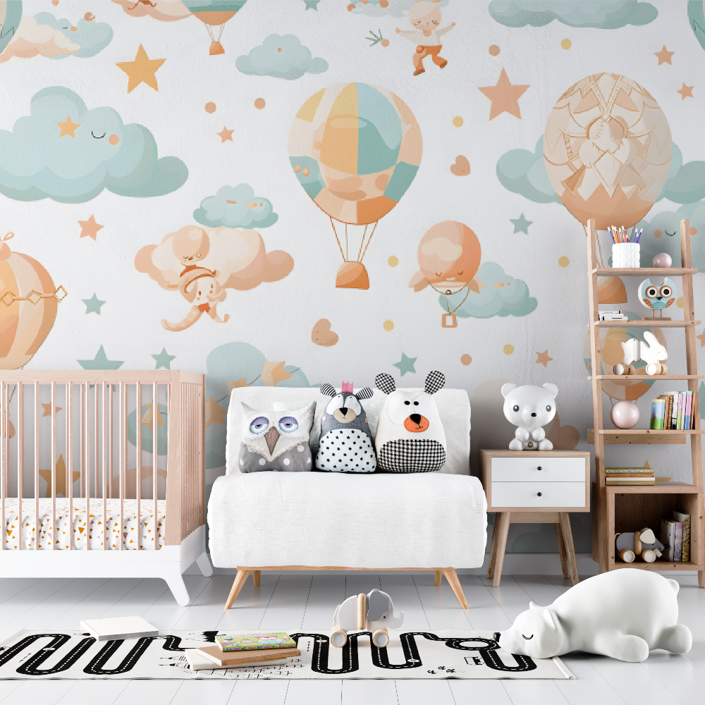 Papier peint bébé Montgolfières et nuages - bebe