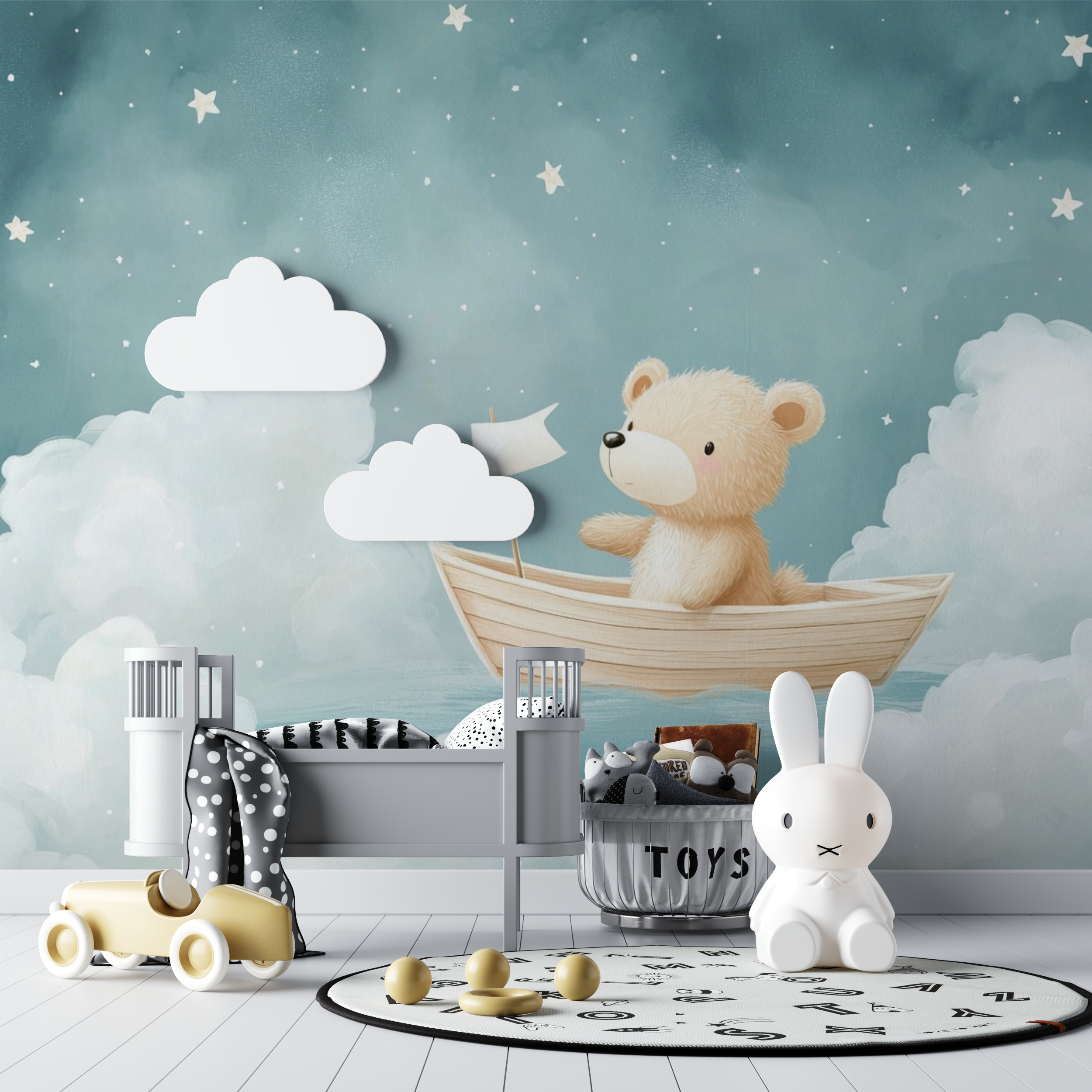 Papier peint marin ours et bateau bebe tipi