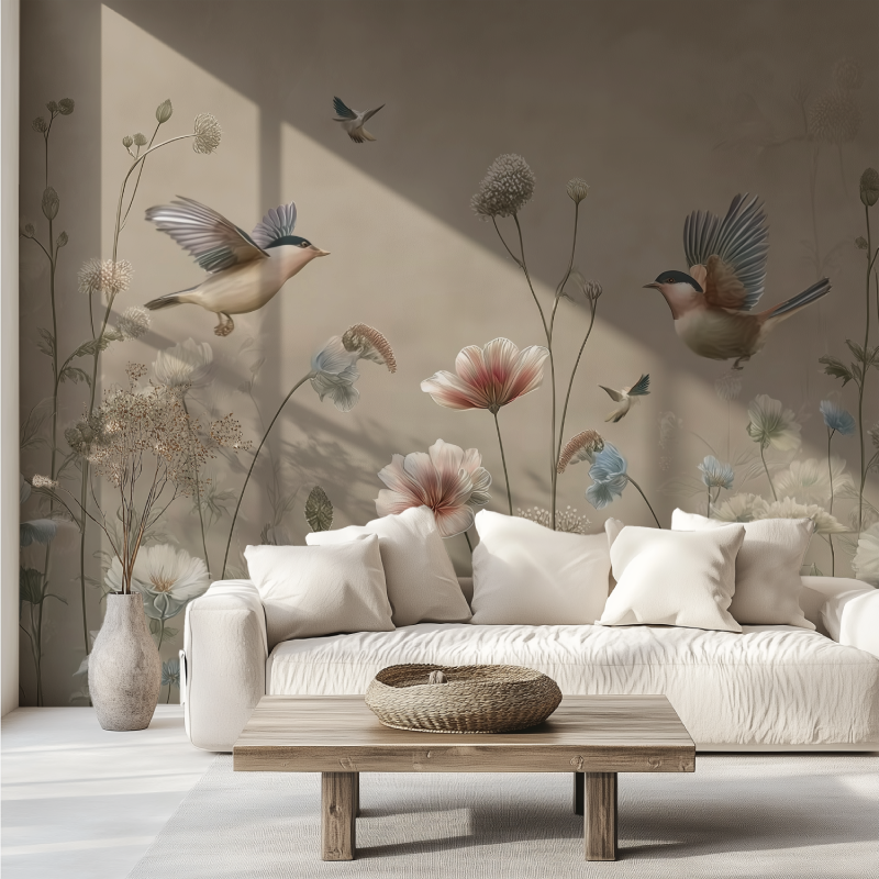 Vintage brown beige birds mural wallpaper canape tendance