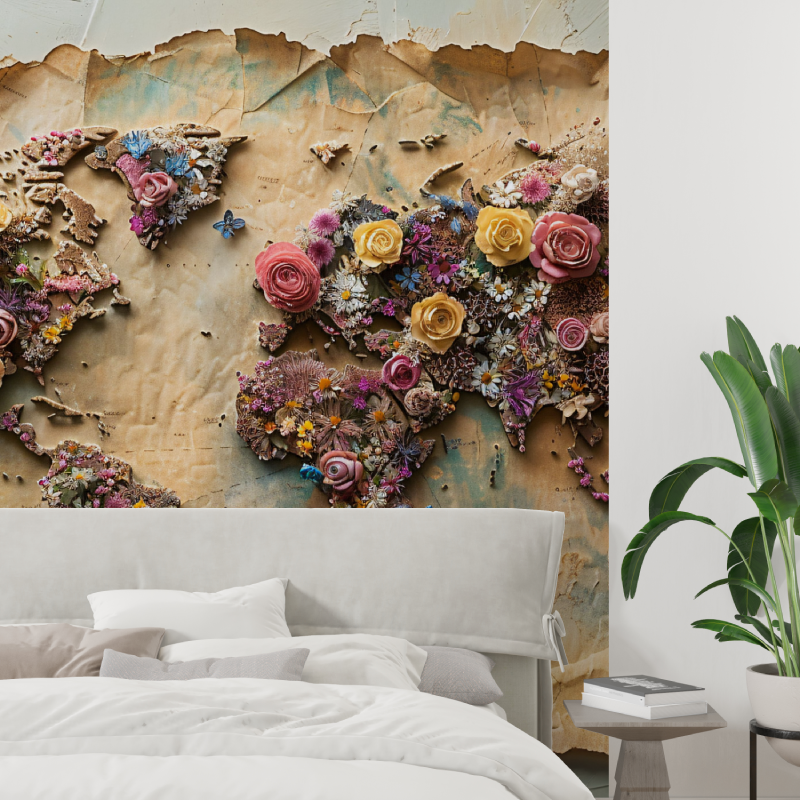Papier peint trompe loeil carte du monde tapisserie tendance