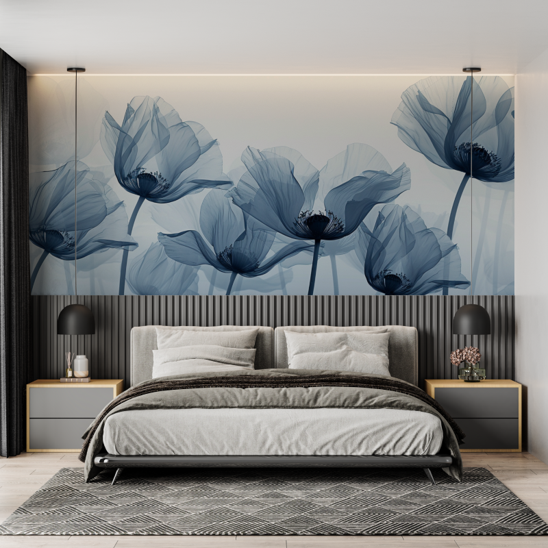 Papier peint aquarelle fleurs bleu mural adulte