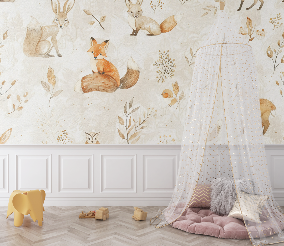 Papier peint renard amis foret beige bebe
