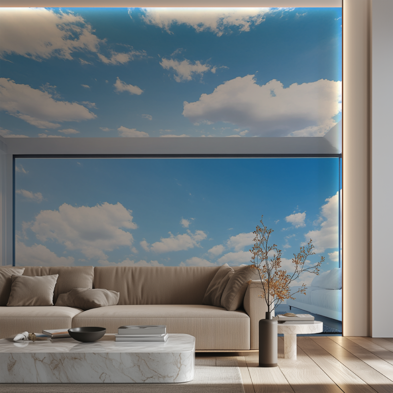 Papier peint plafond trompe l oeil canape neon