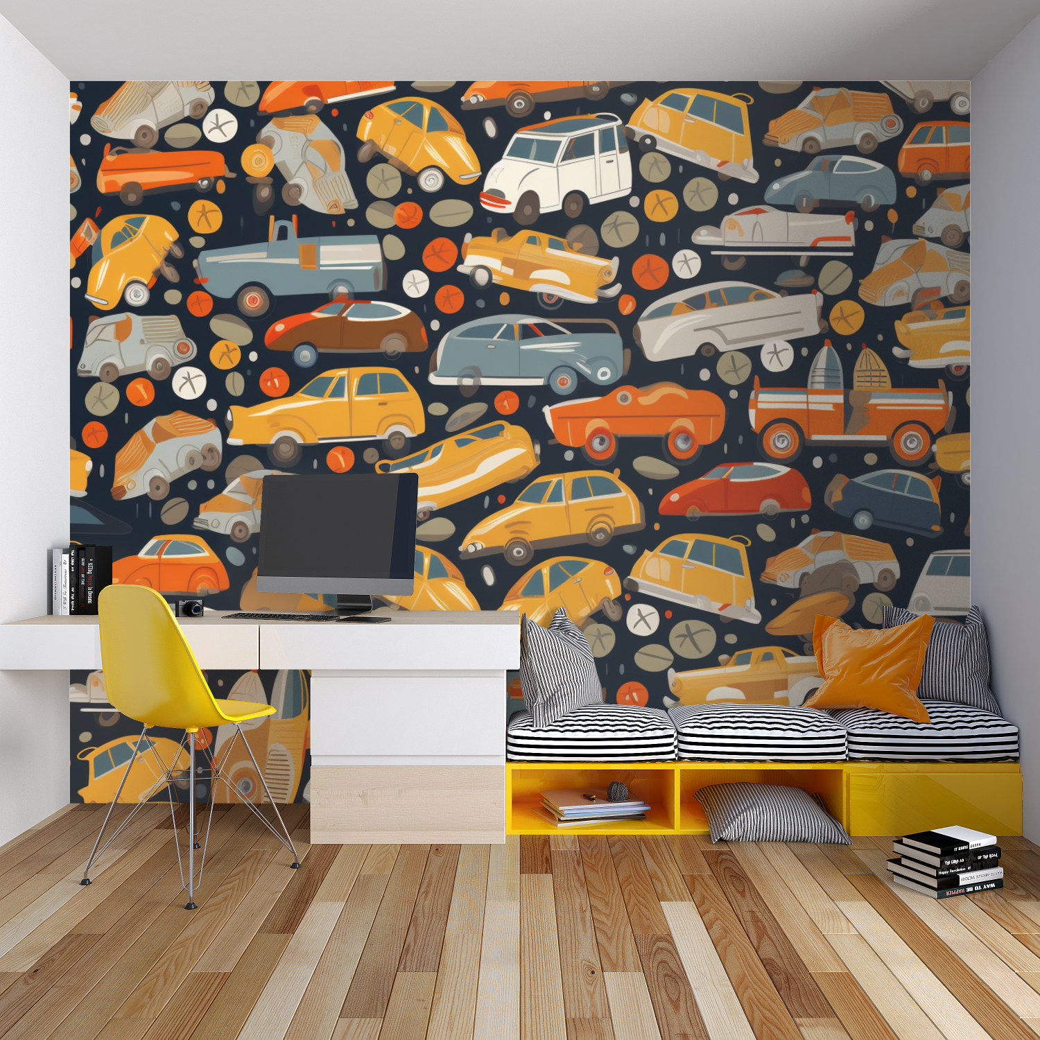 Papier peint motif voiture chambre garcon lit