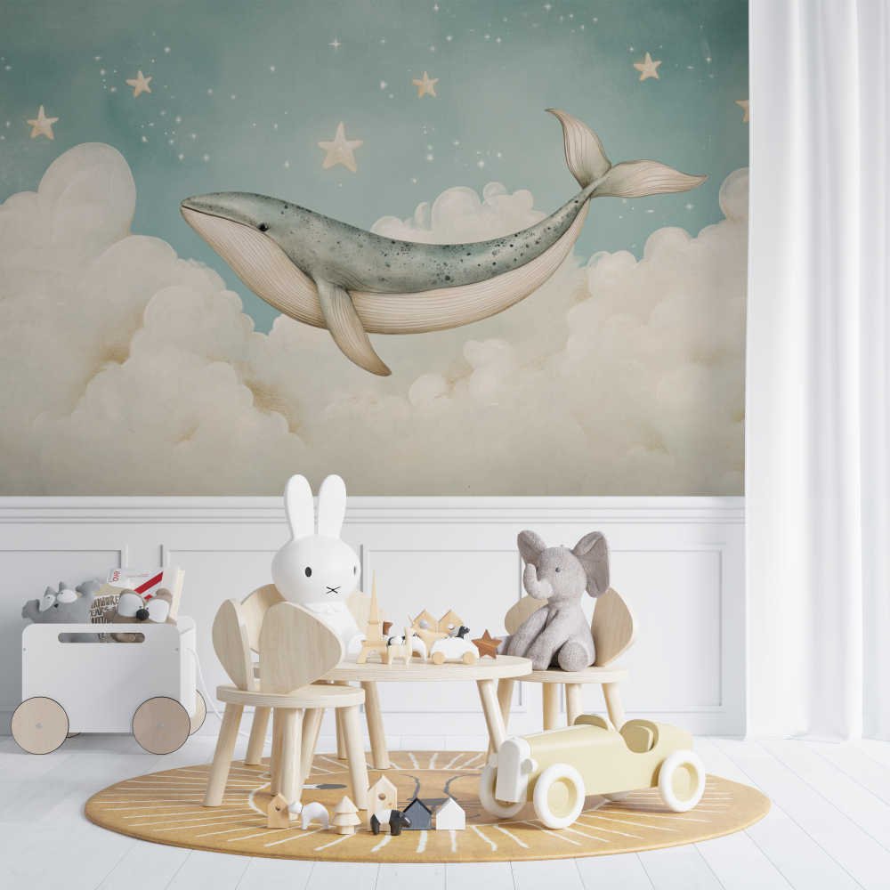 Papier peint baleine et nuages chambre de bebe