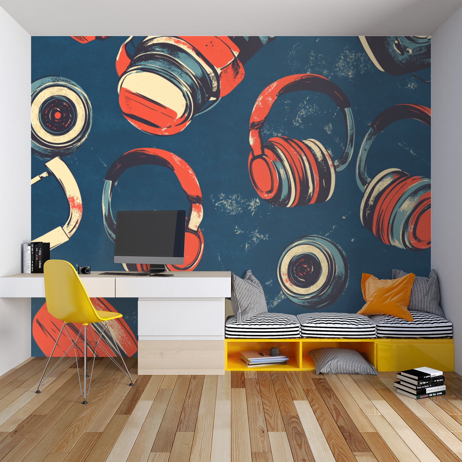 Papier peint casque de jeu retro chambre garcon lit