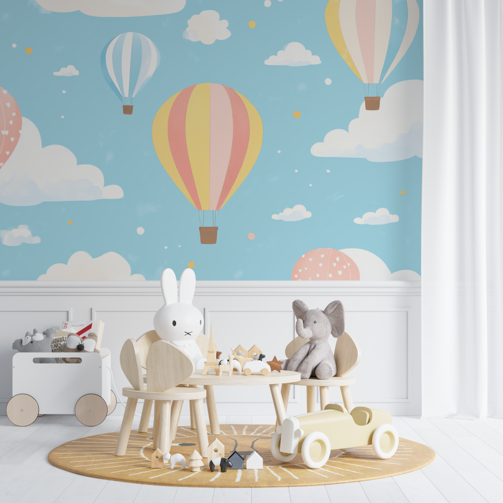 Papier peint montgolfiere et ciel etoile chambre de bebe