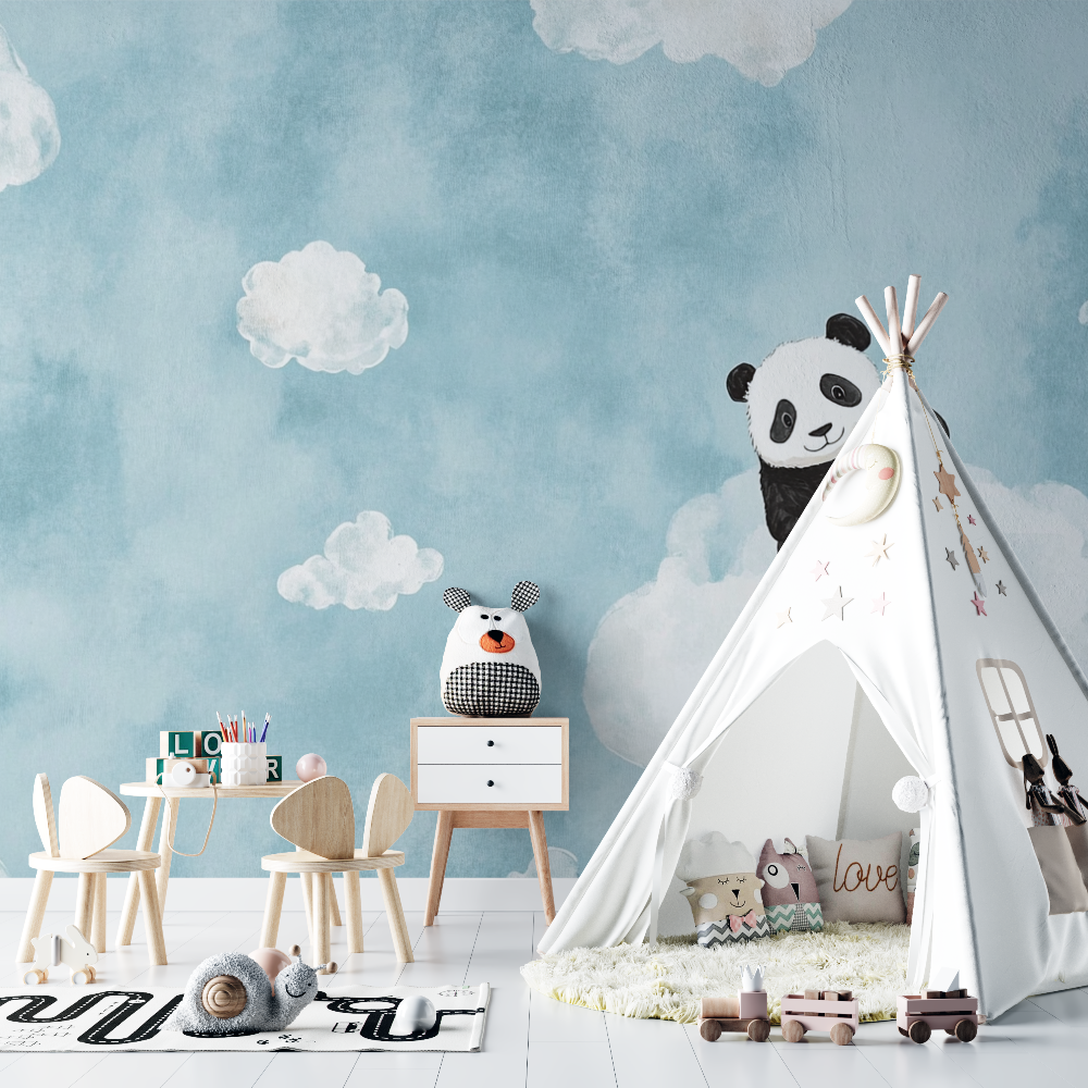 Papier peint panda et nuages chambre bebe