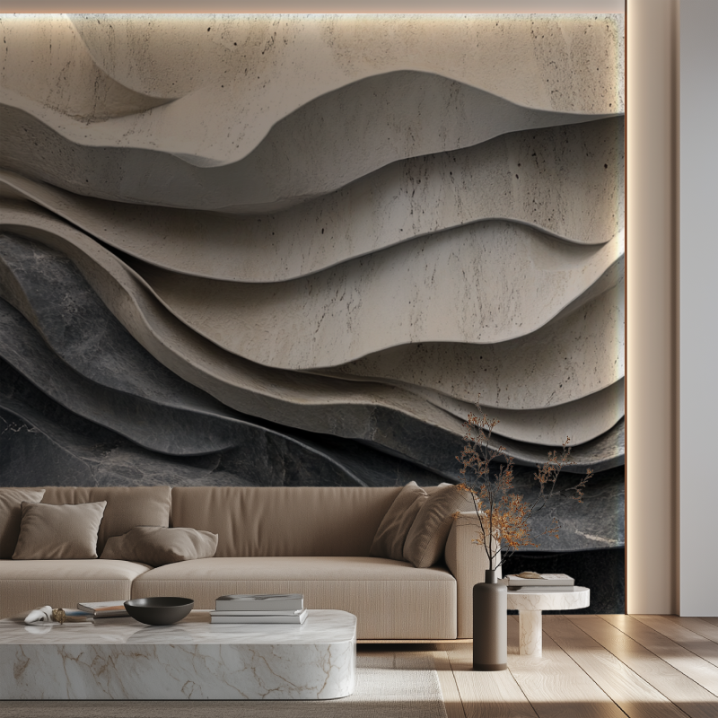 Papier peint trompe loeil salon canape neon