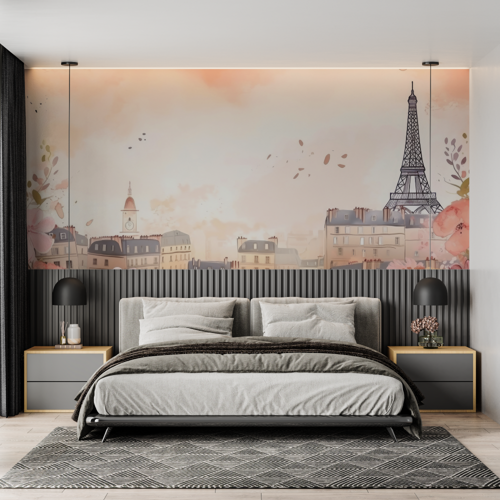 Papier peint aquarelle ville de paris rose chambre adulte
