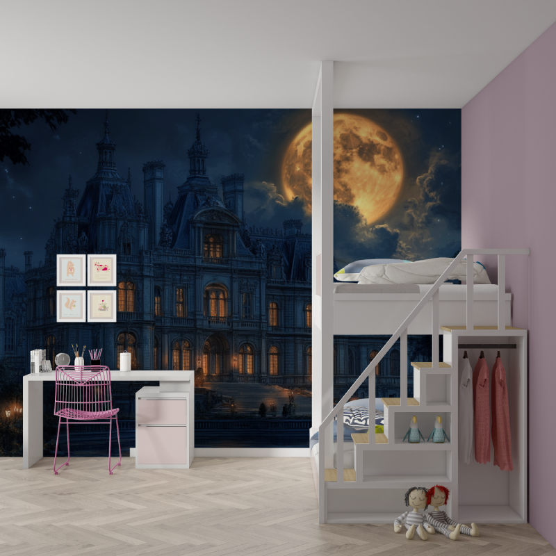 Papier peint palais et lune mur chambre fille
