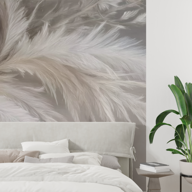 Beige white feathermural wallpaper tapisserie tendance
