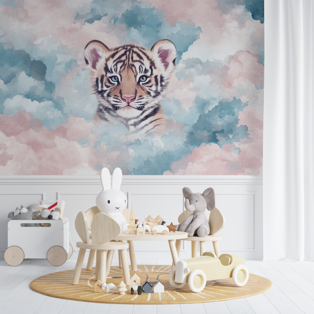 Papier peint tigre et nuages pastel chambre de bebe
