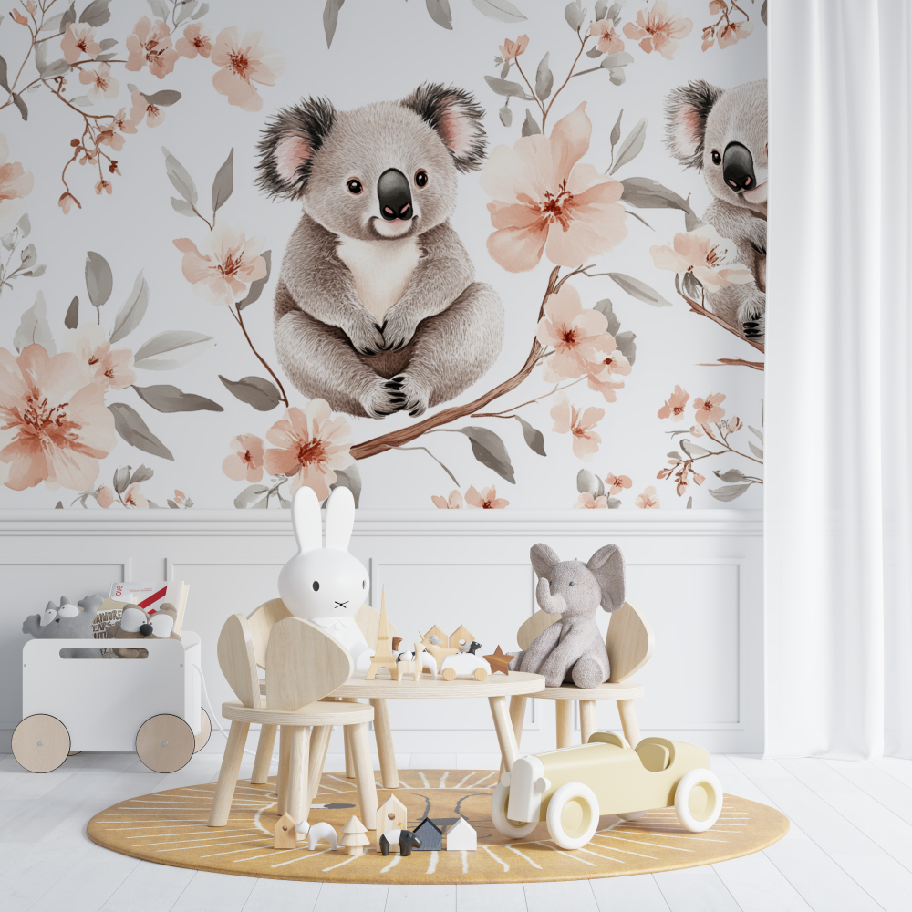 Papier peint koala et fleurs de coton chambre de bebe