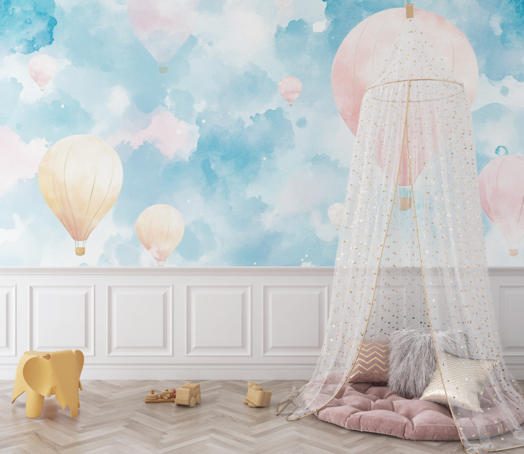 Papier peint montgolfiere et ciel aquarelle bebe
