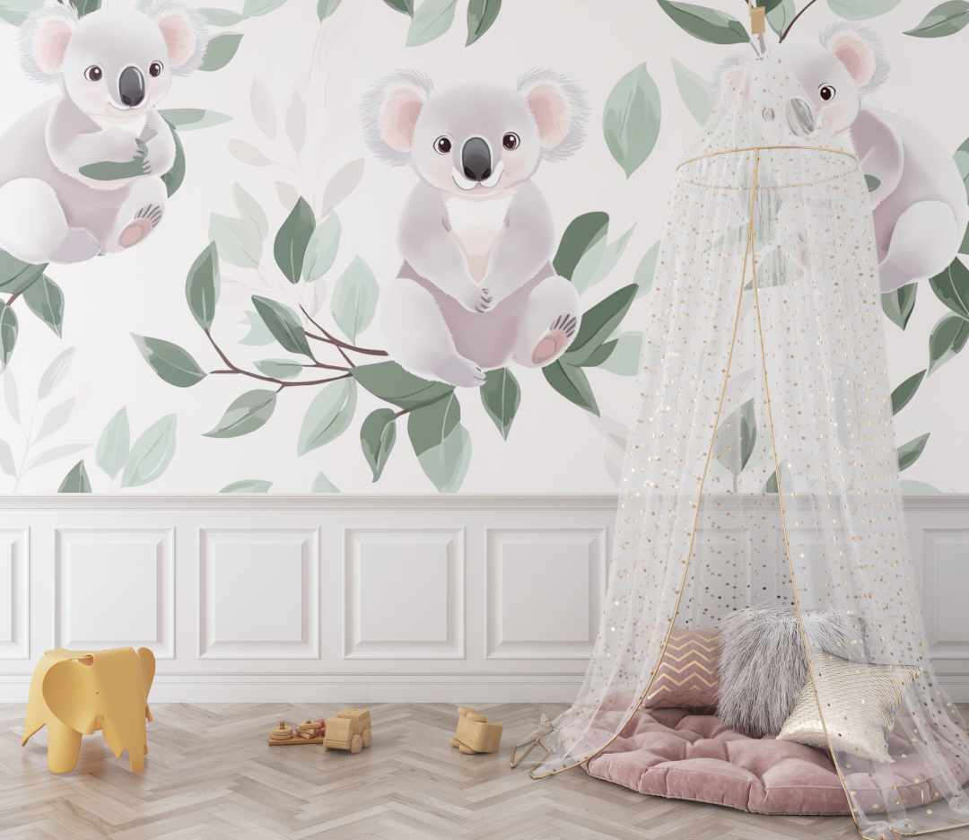 Papier peint koala et doux feuillage bebe