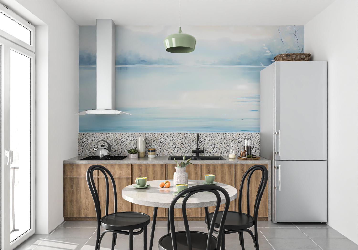 Papier peint aquarelle reflets aquatiques mur cuisine