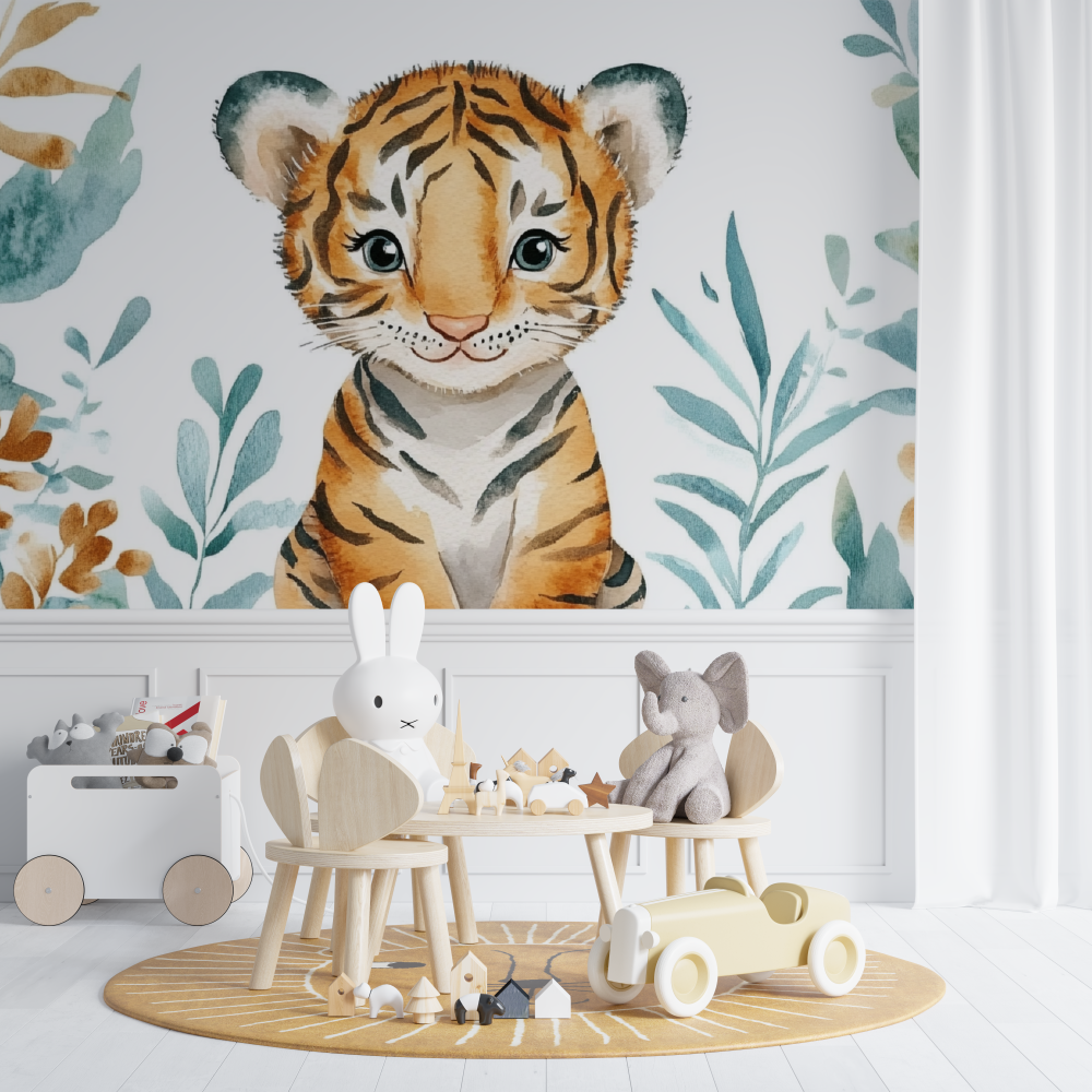 Papier peint tigre et motifs minimalistes chambre de bebe