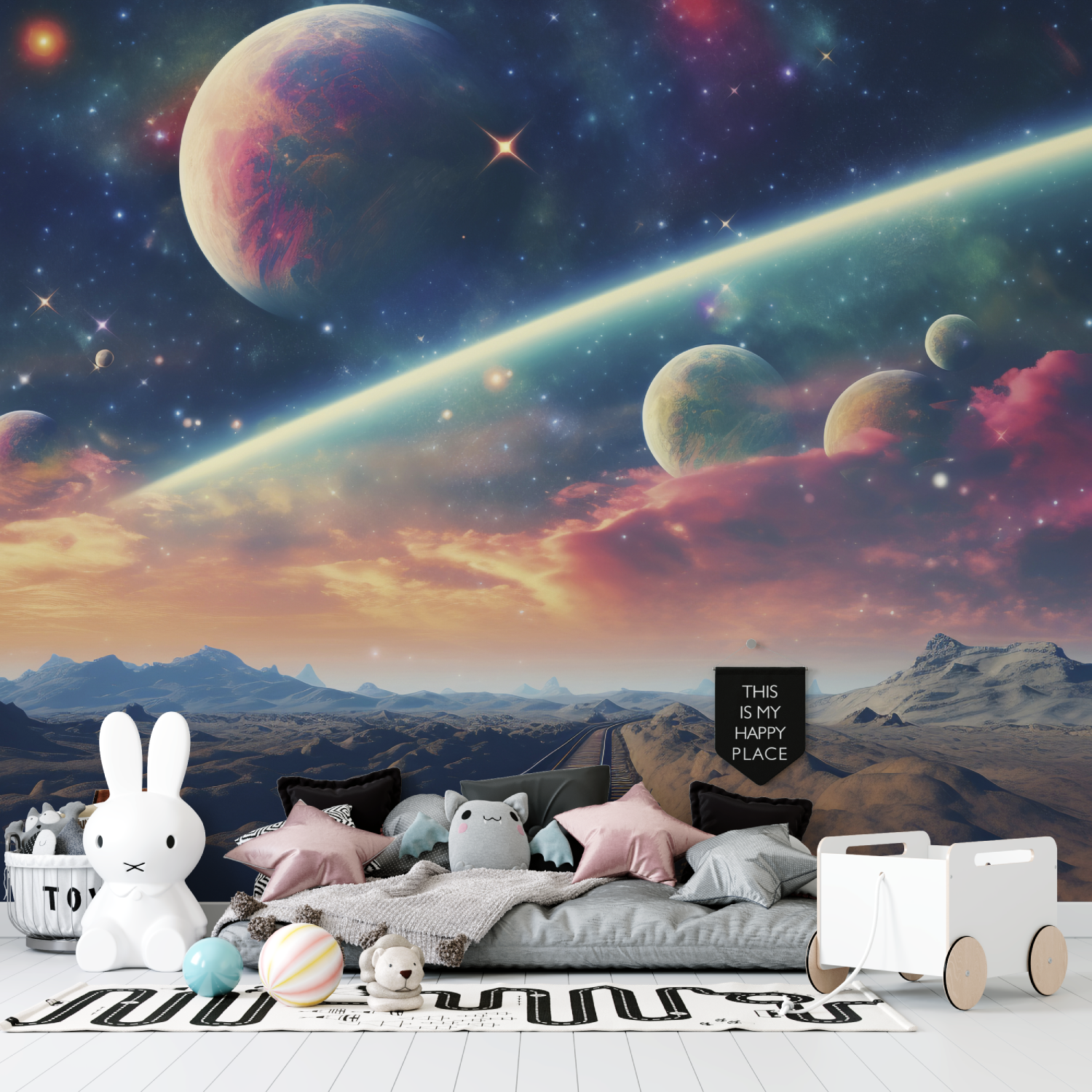 Papier peint espace nebuleuse et planetes tapisserie garcon