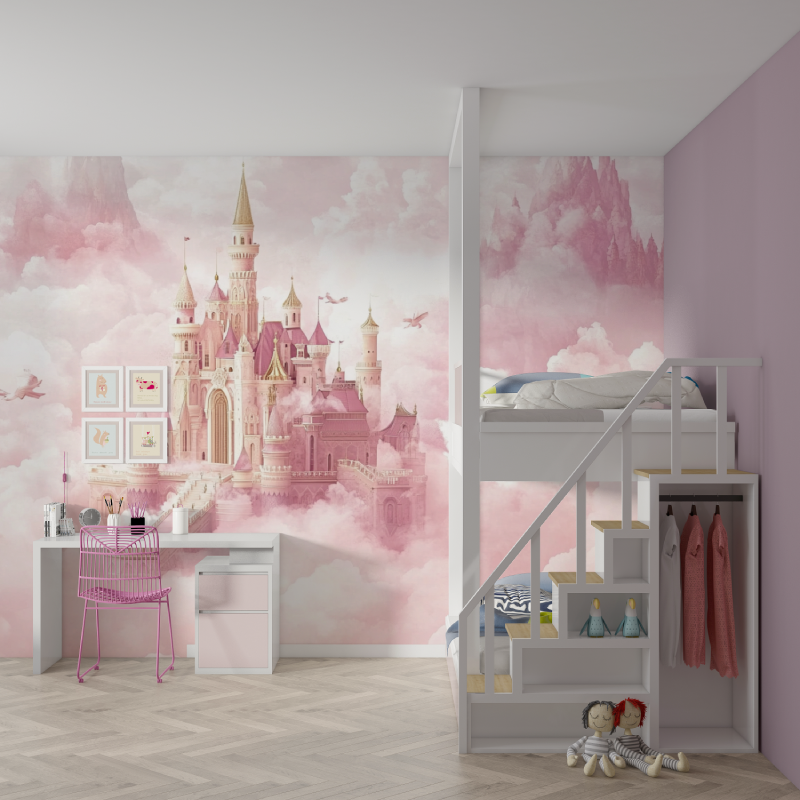 Papier peint princesse banniere et chateau mur chambre fille