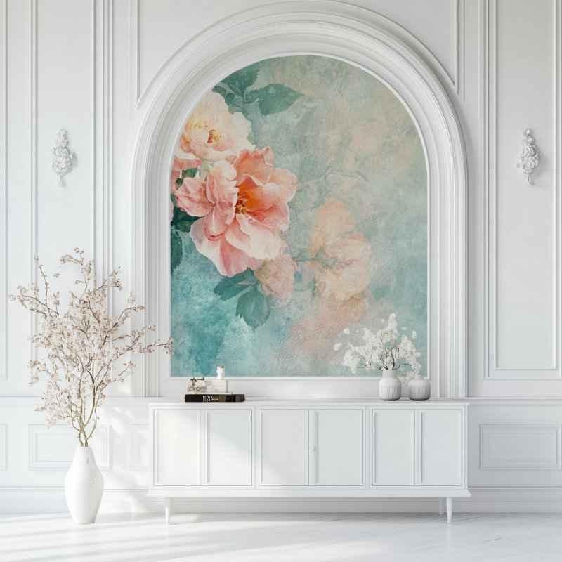 Papier peint vintage flowers salon blanc