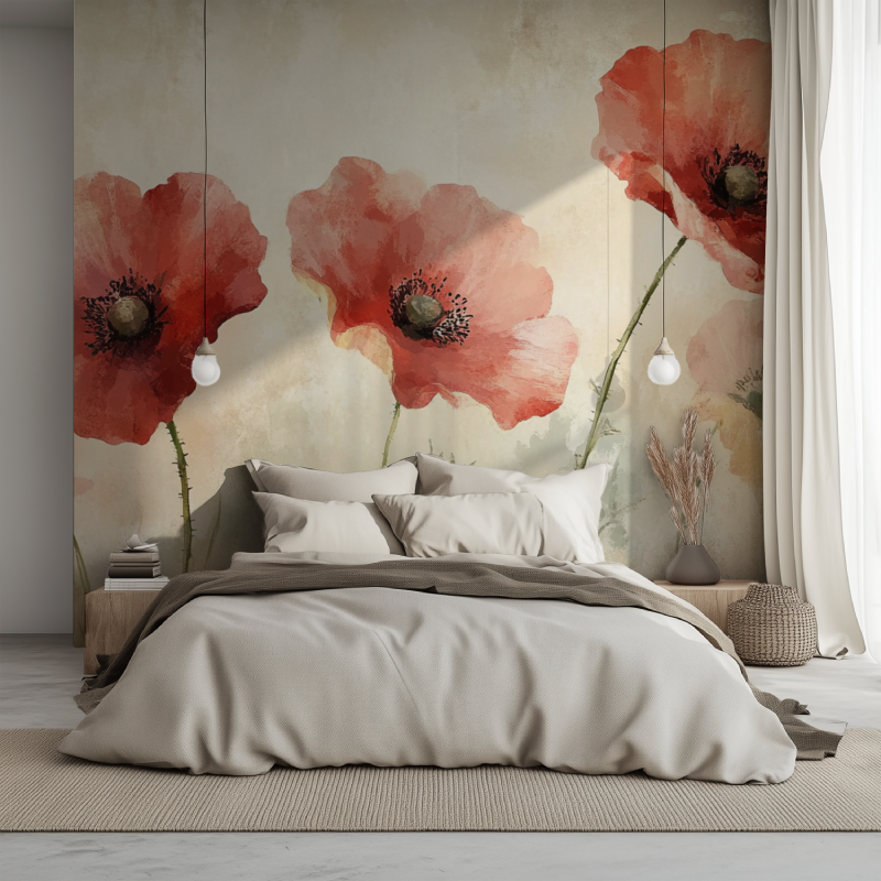 Papier peint vintage fleurs rouges lit 1234