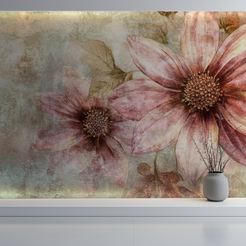 Papier peint vintage fleuri mur blanc